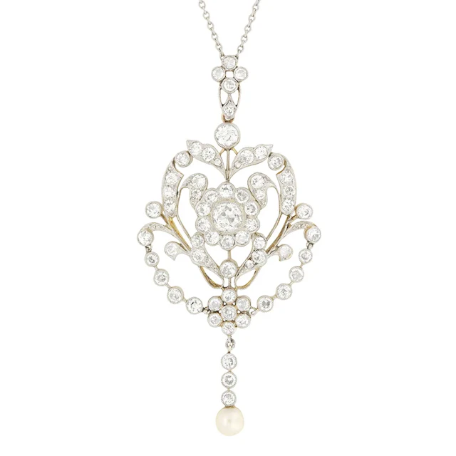 Edwardian 5.50ct Diamond, Pearl Necklace & Brooch, c.1910s
