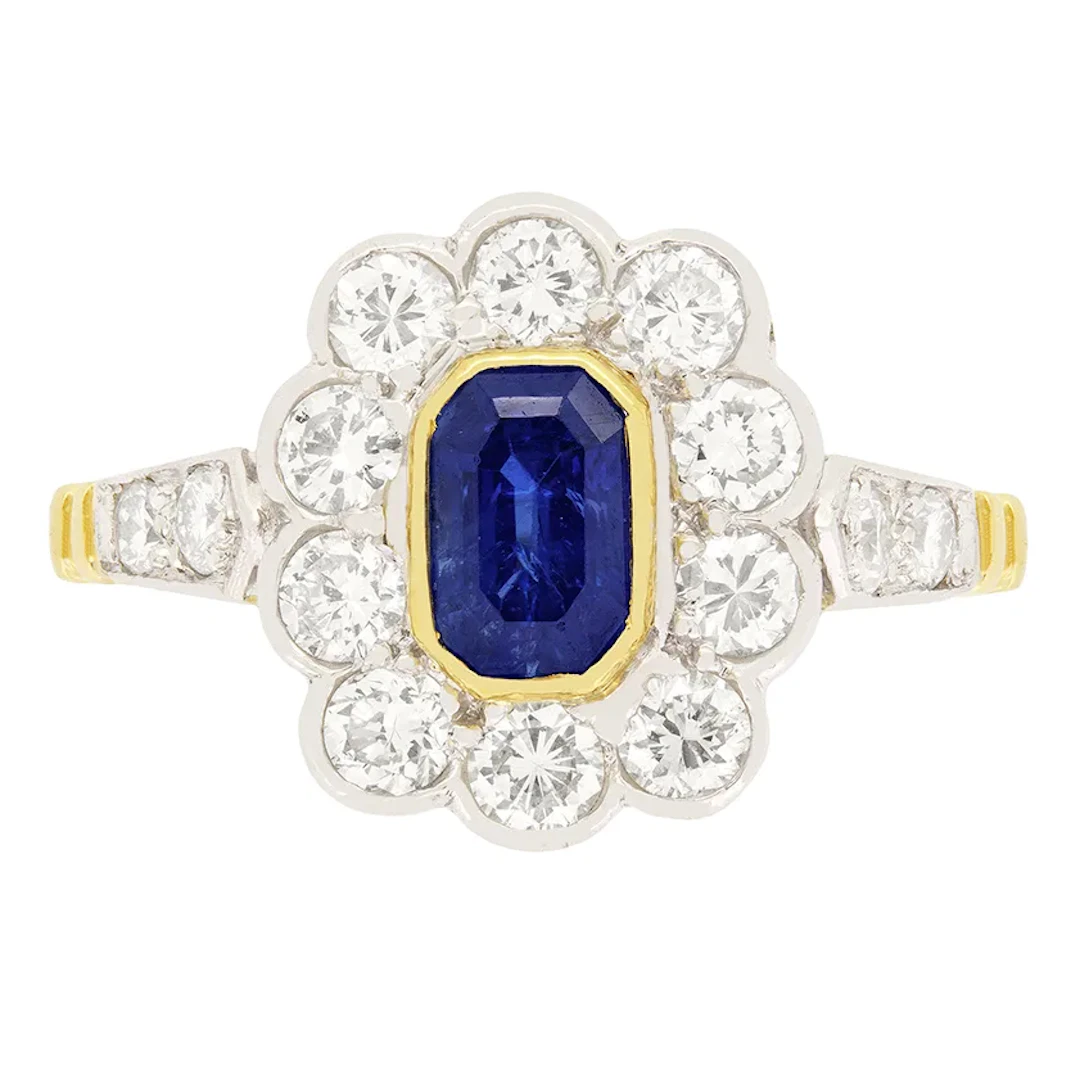 Vintage 0.90ct Sapphire and Diamond Cluster Ring, c.1950s