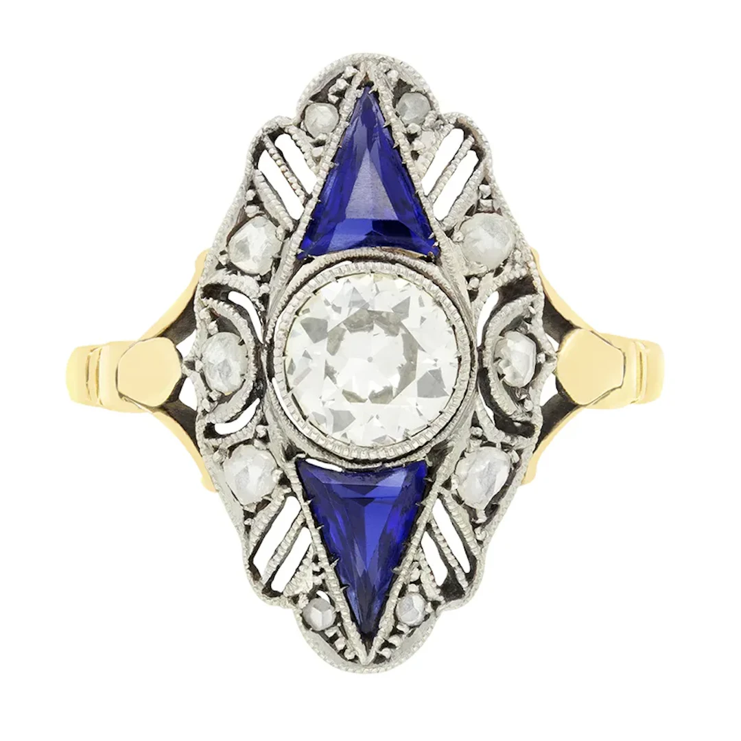 Edwardian 0.85ct Diamond and Sapphire Navette Ring, c.1910s