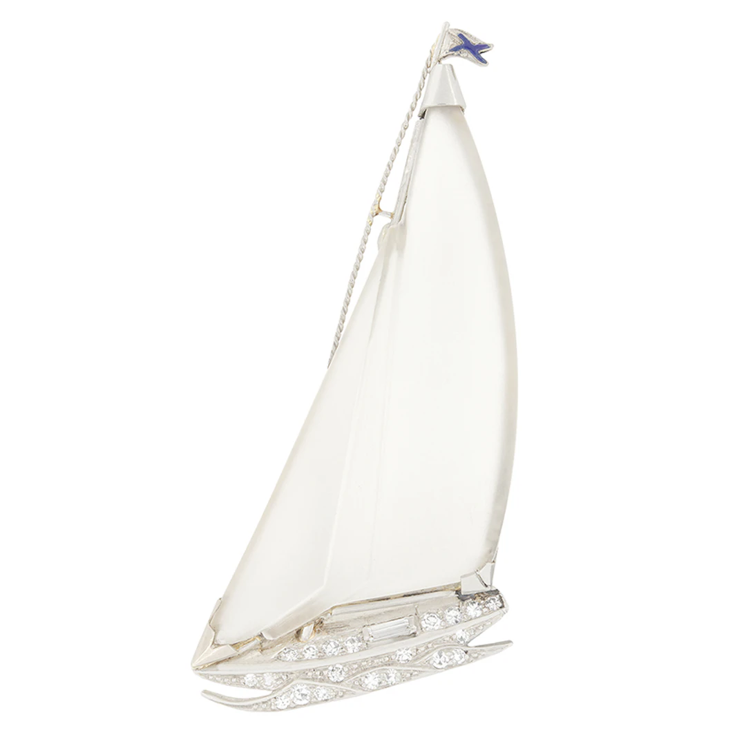Late Deco 0.37ct Diamond and Crystal Boat Brooch, c.1930s