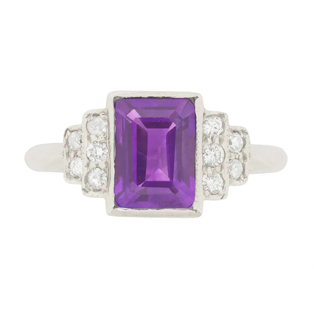 Vintage 1.85ct Amethyst and Diamond Cocktail Ring, c.1940s