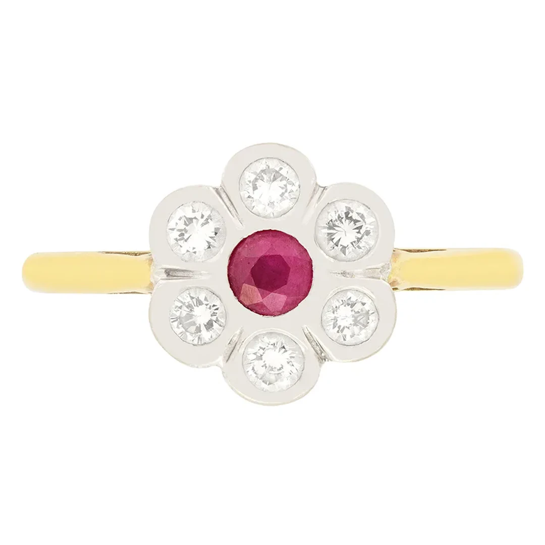 Vintage 0.20ct Ruby and Diamond Cluster Ring, c.1970s