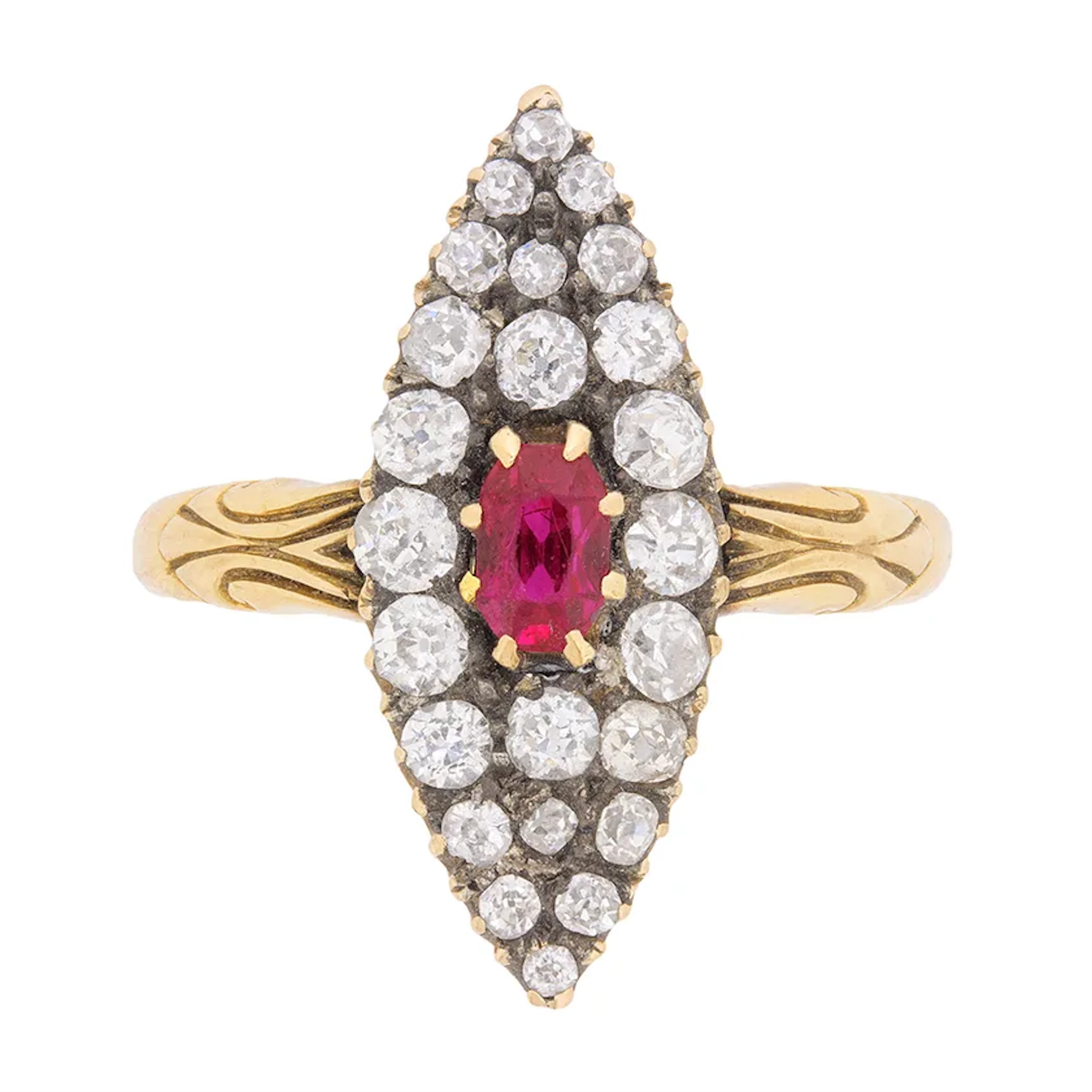 Victorian Marquise-Shaped Ruby and Diamond Cluster Ring, c.1890s