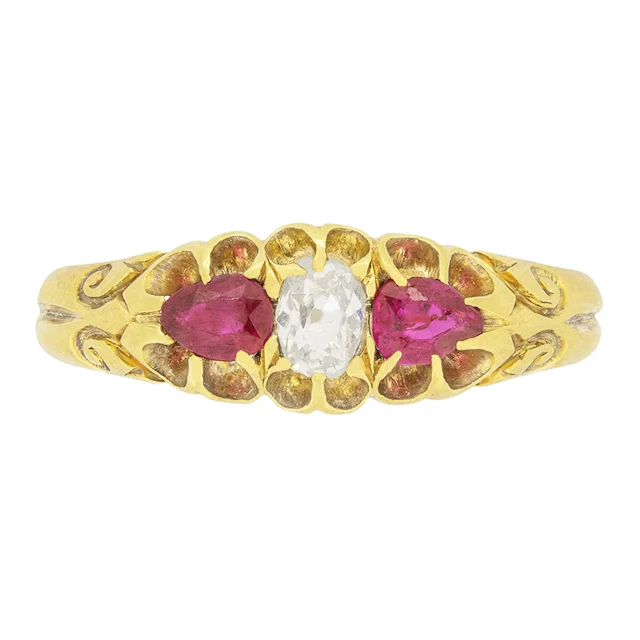 Victorian 0.30ct Diamond and Ruby Three Stone Ring, c.1880s