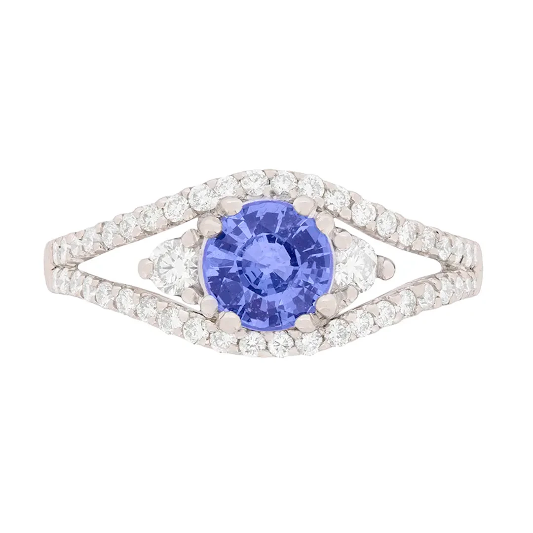 Contemporary 0.95ct Sapphire and Diamond Three Stone Engagement Ring
