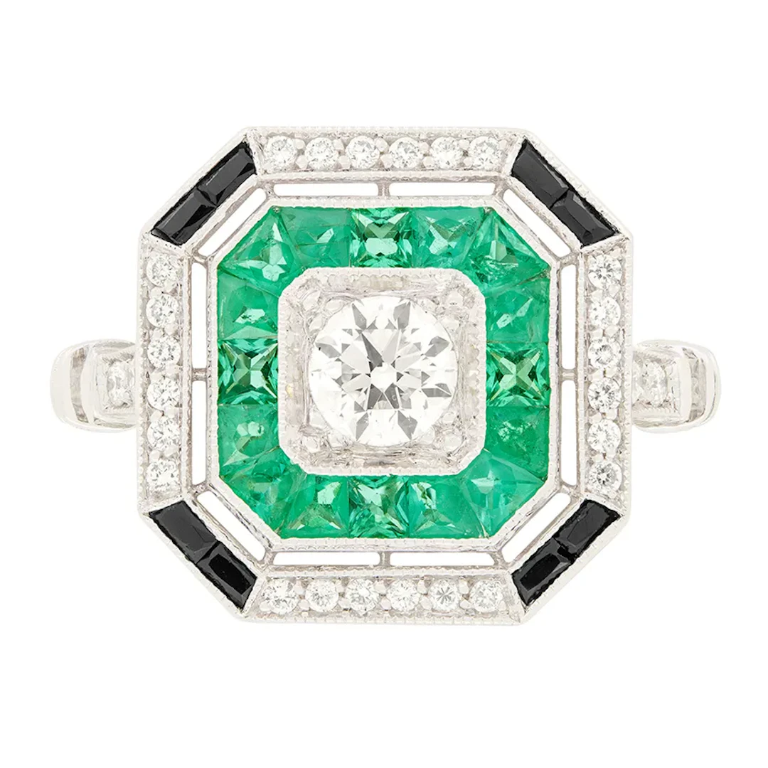 Vintage 0.40ct Diamond, Emerald and Onyx Target Ring, c.1980s