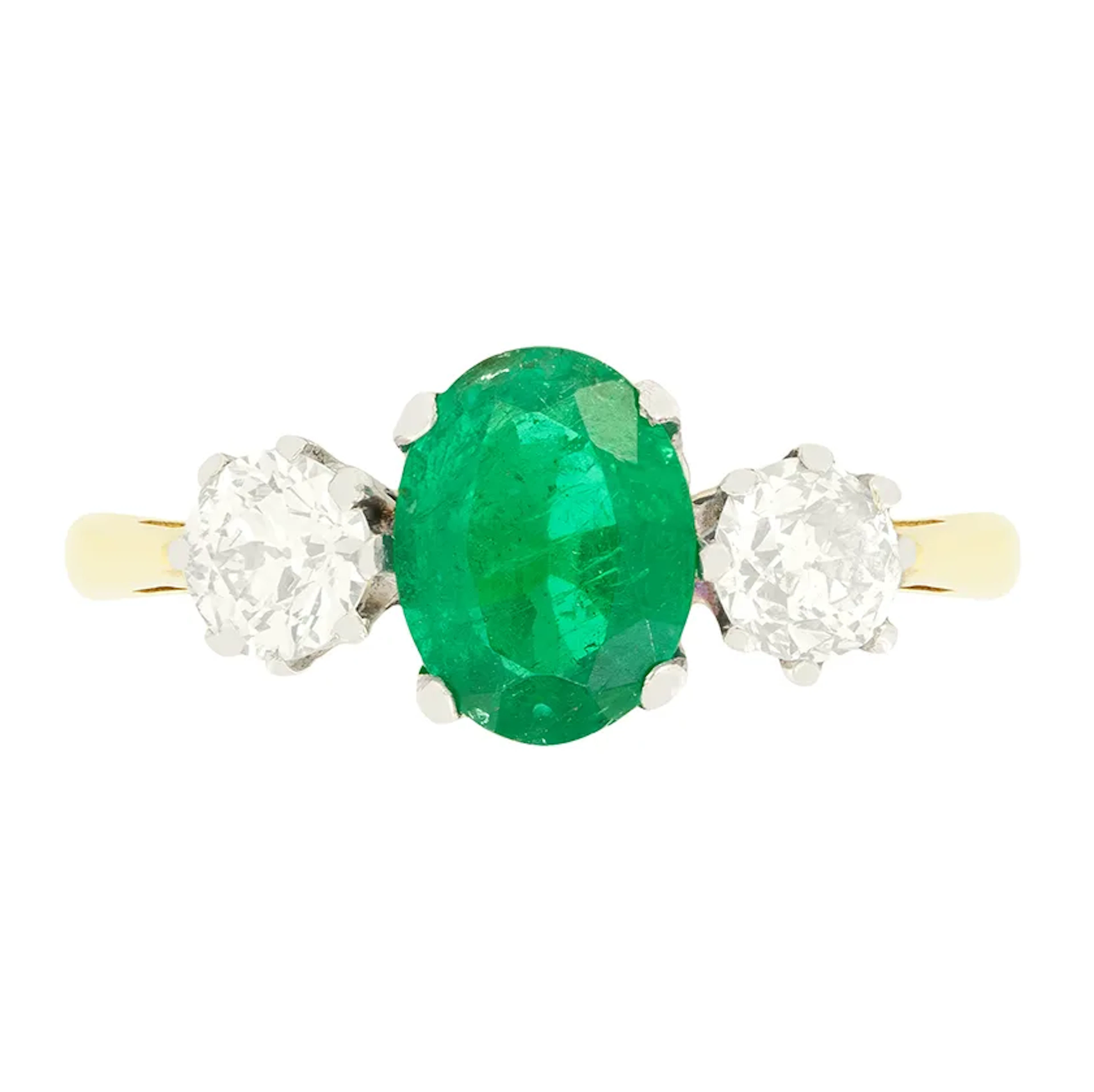 Edwardian 1.20ct Emerald and Diamond Three Stone Ring, c.1910s