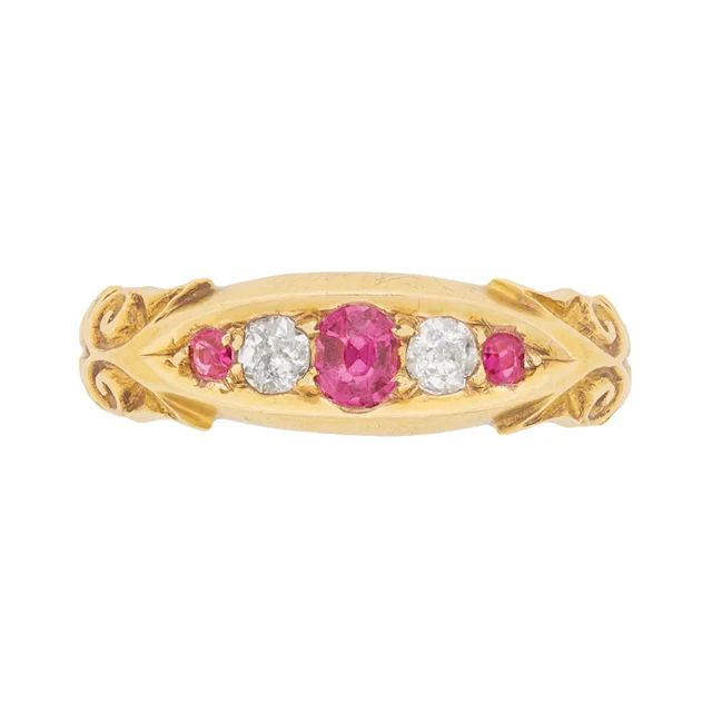 Victorian Ruby and Diamond Five Stone Ring, c.1900s