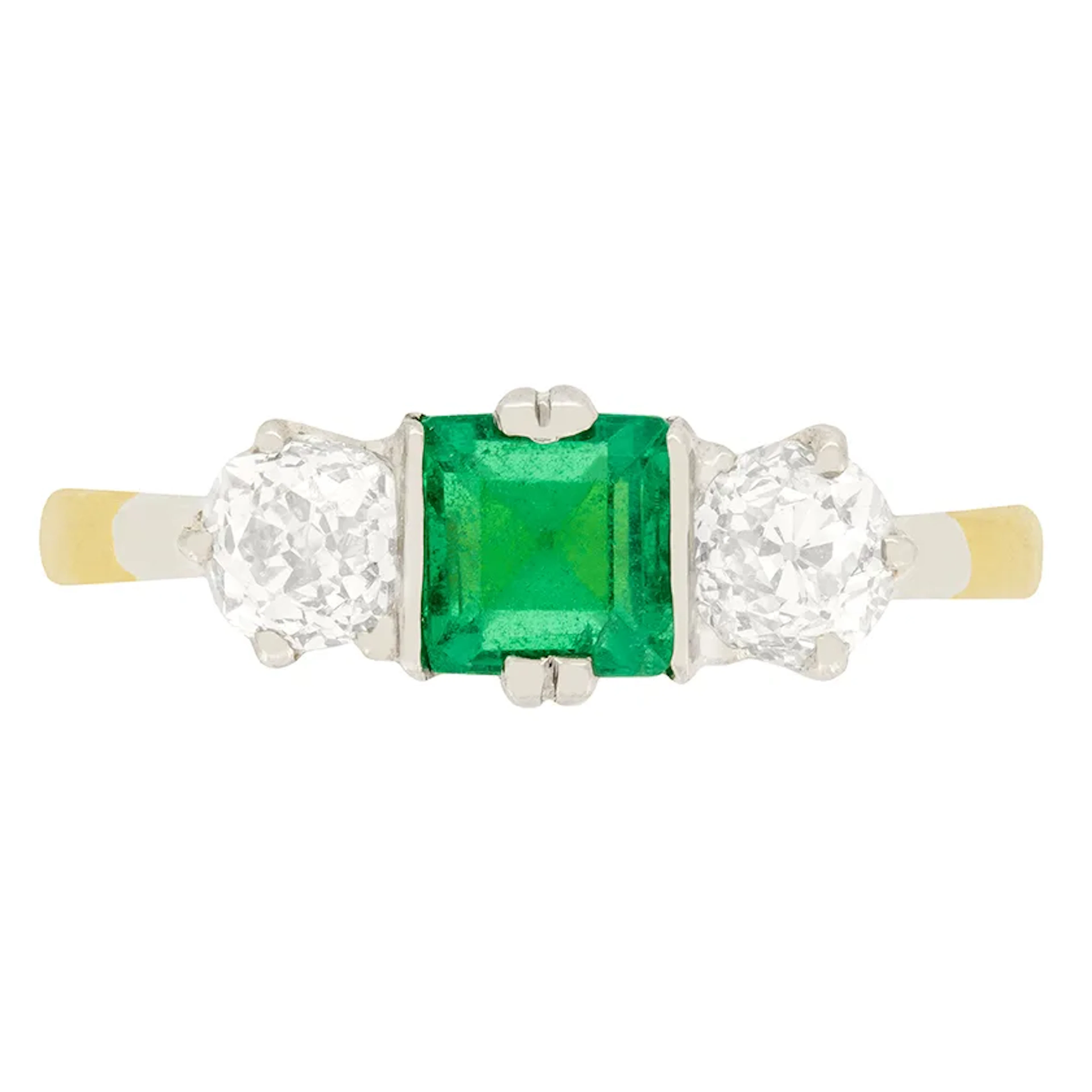 Edwardian 0.65ct Emerald and Diamond Three Stone Ring, c.1910s