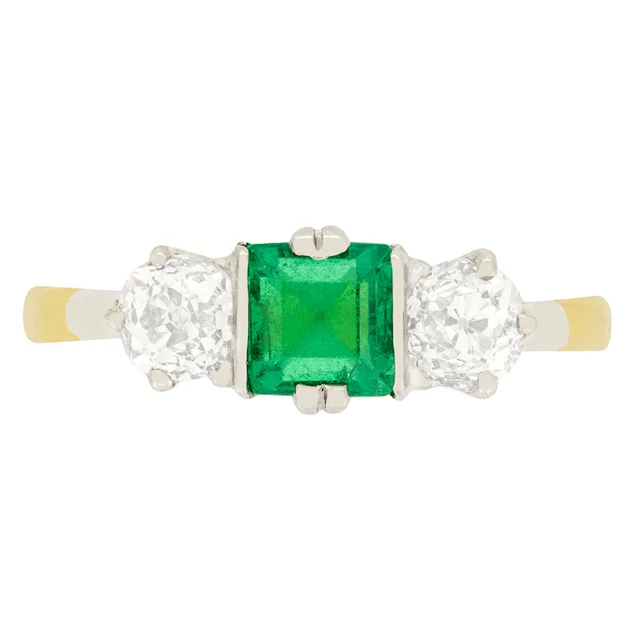 Edwardian 0.65ct Emerald and Diamond Three Stone Ring, c.1910s