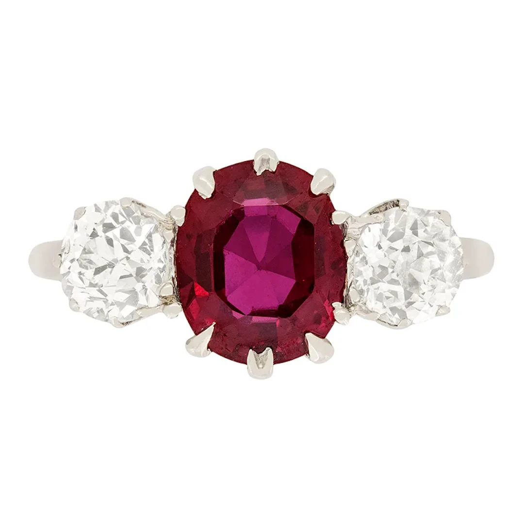 Art Deco 2ct Ruby and Diamond Three Stone Ring, c.1920s