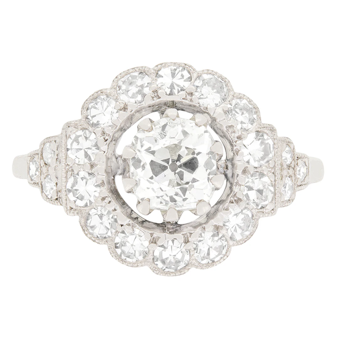 Art Deco 0.88ct Diamond Halo Ring, c.1920s
