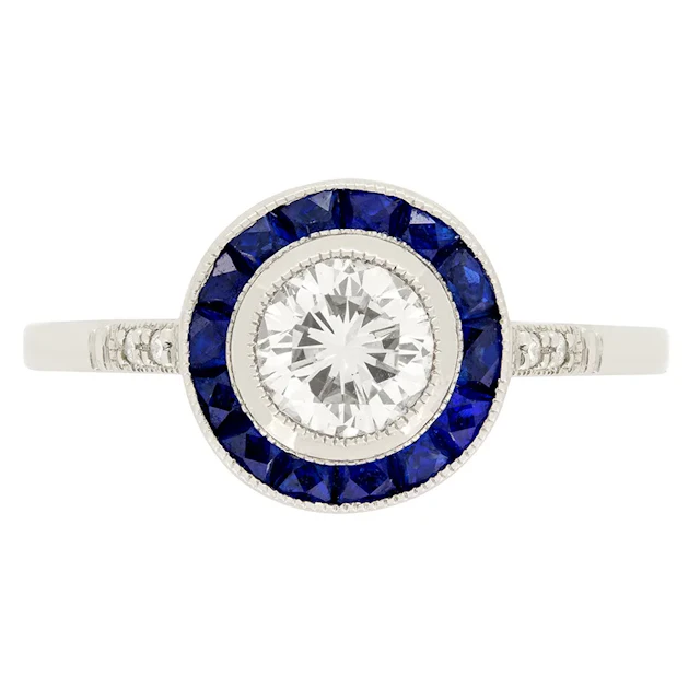 Art Deco Style 0.68ct Diamond & Sapphire Target Ring, c.1970s