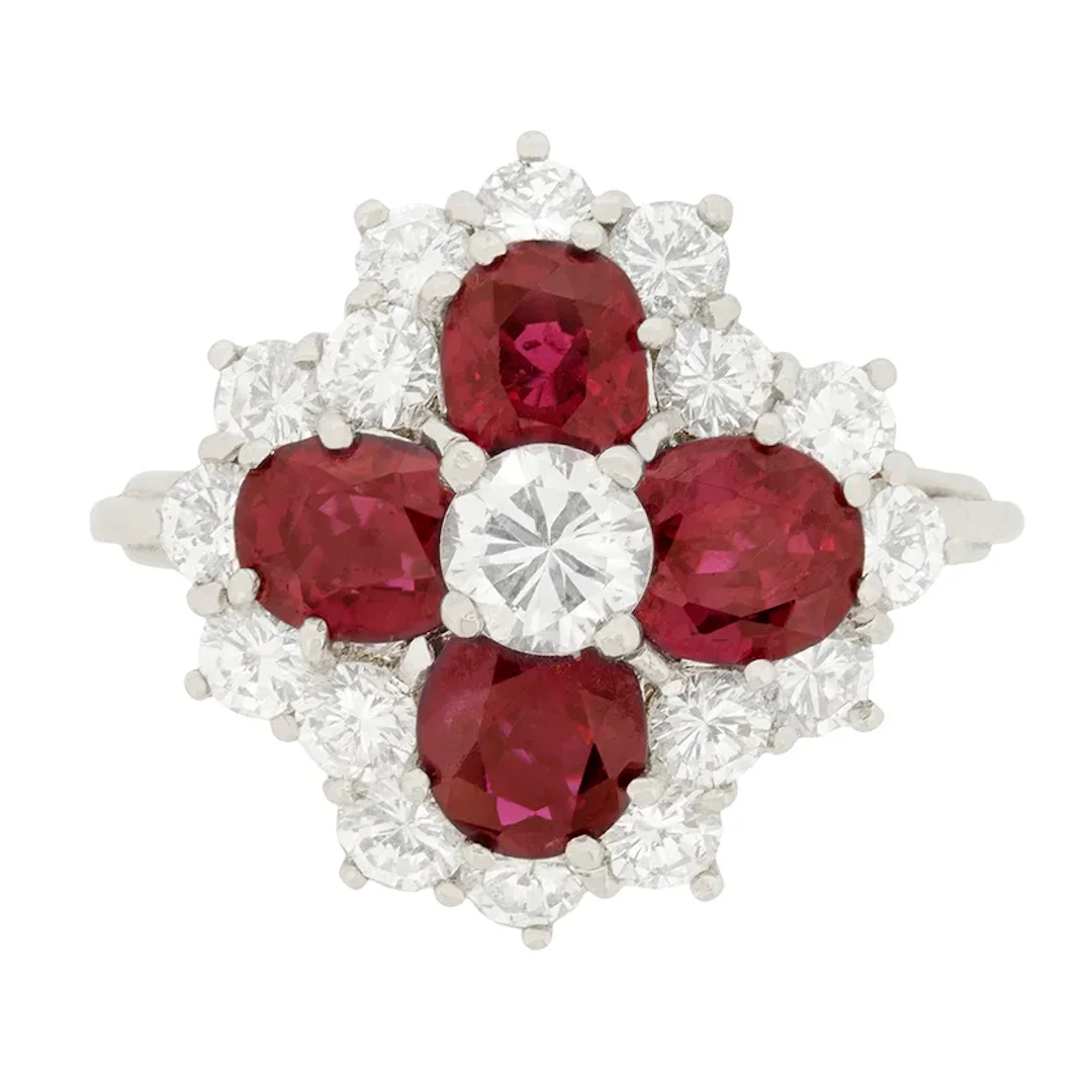 Vintage Diamond And Ruby Cluster Ring, c.1970s