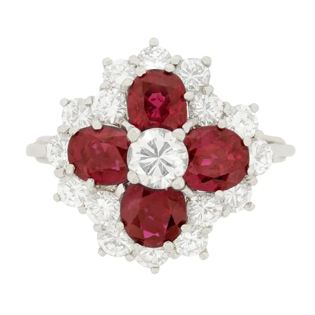 Vintage Diamond And Ruby Cluster Ring, c.1970s
