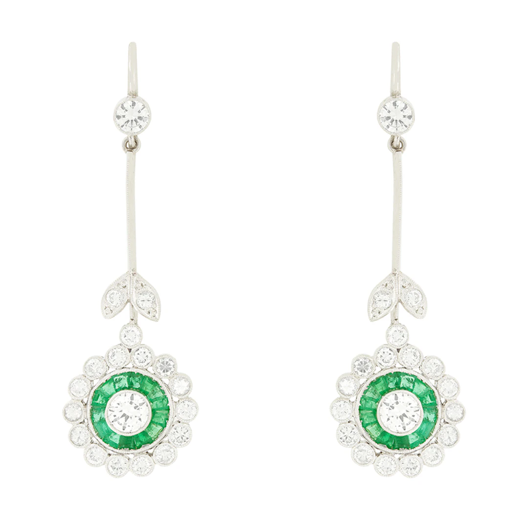 Late Deco 2.90ct Diamond and Emerald Target Drop Earrings, c.1940s
