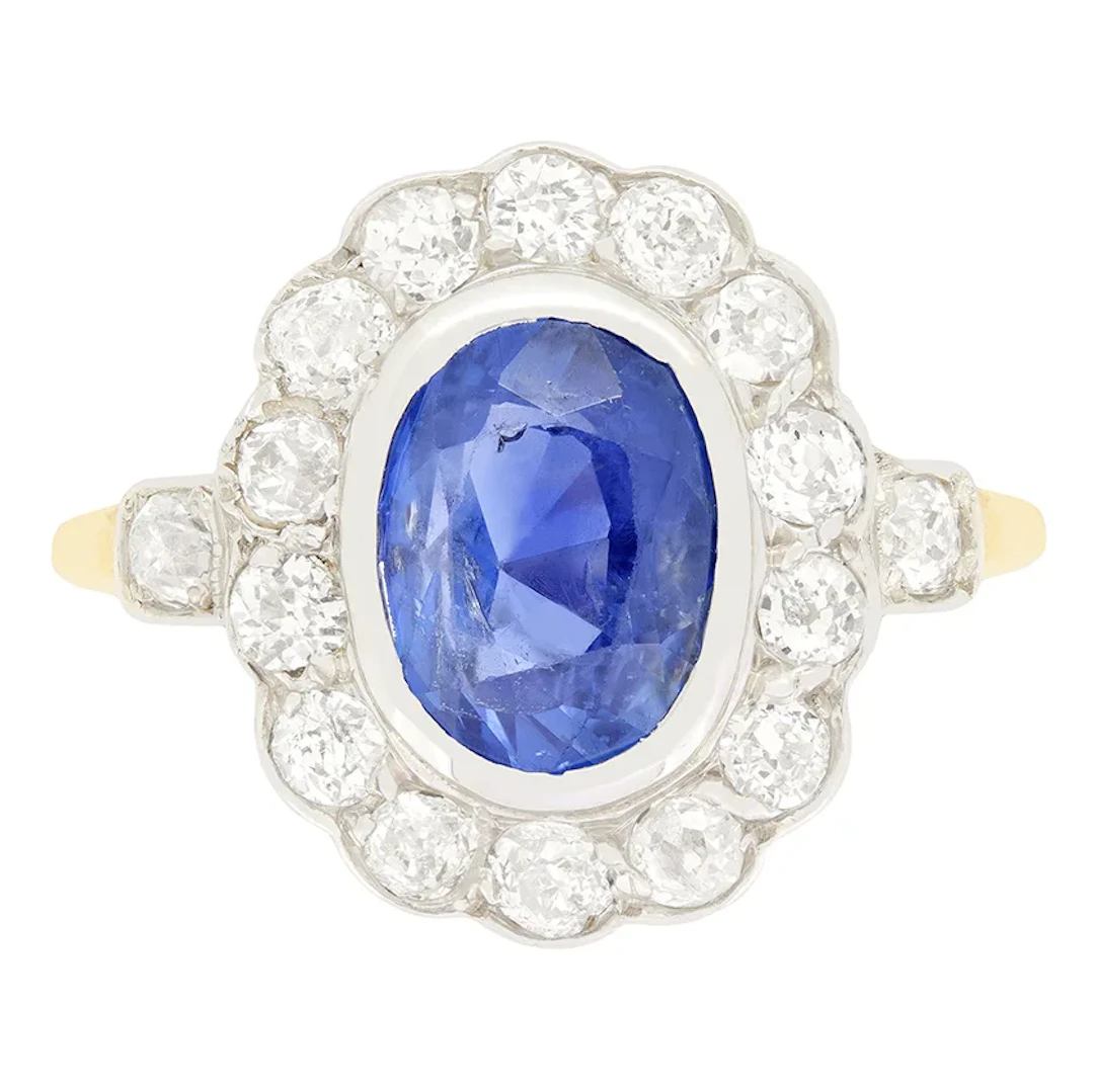 Edwardian 2.20ct Sapphire and Diamond Cluster Ring, c.1910s