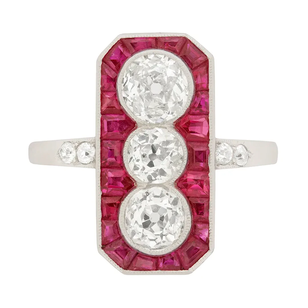 Art Deco 1.95ct Diamond and Ruby Three Stone Halo Cocktail Ring, c.1920s