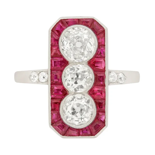 Art Deco 1.95ct Diamond and Ruby Three Stone Halo Cocktail Ring, c.1920s