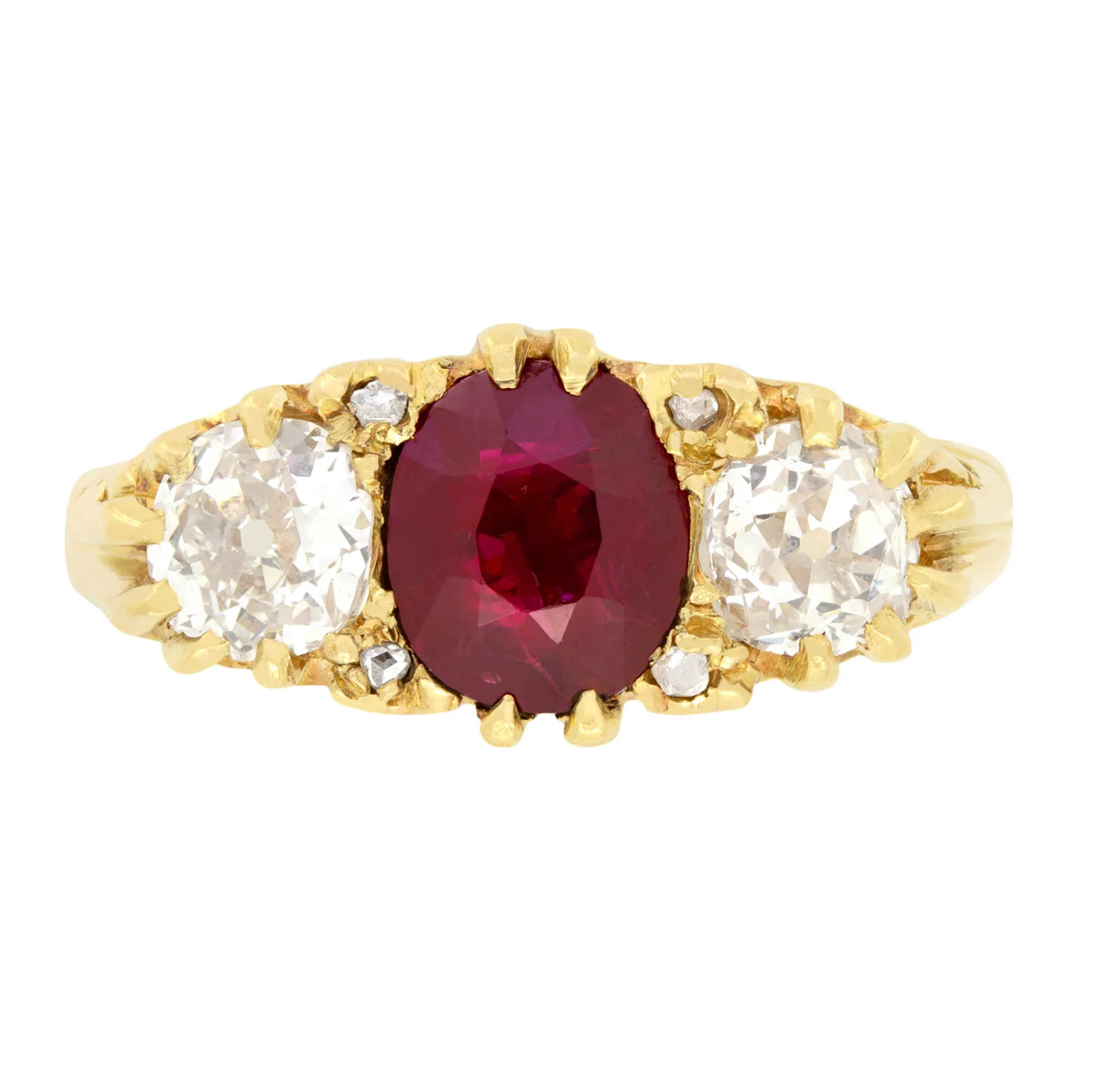 Victorian 1.60ct Ruby and Diamond Three Stone Ring, c.1880s