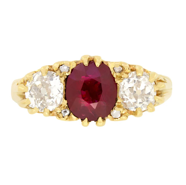 Victorian 1.60ct Ruby and Diamond Three Stone Ring, c.1880s