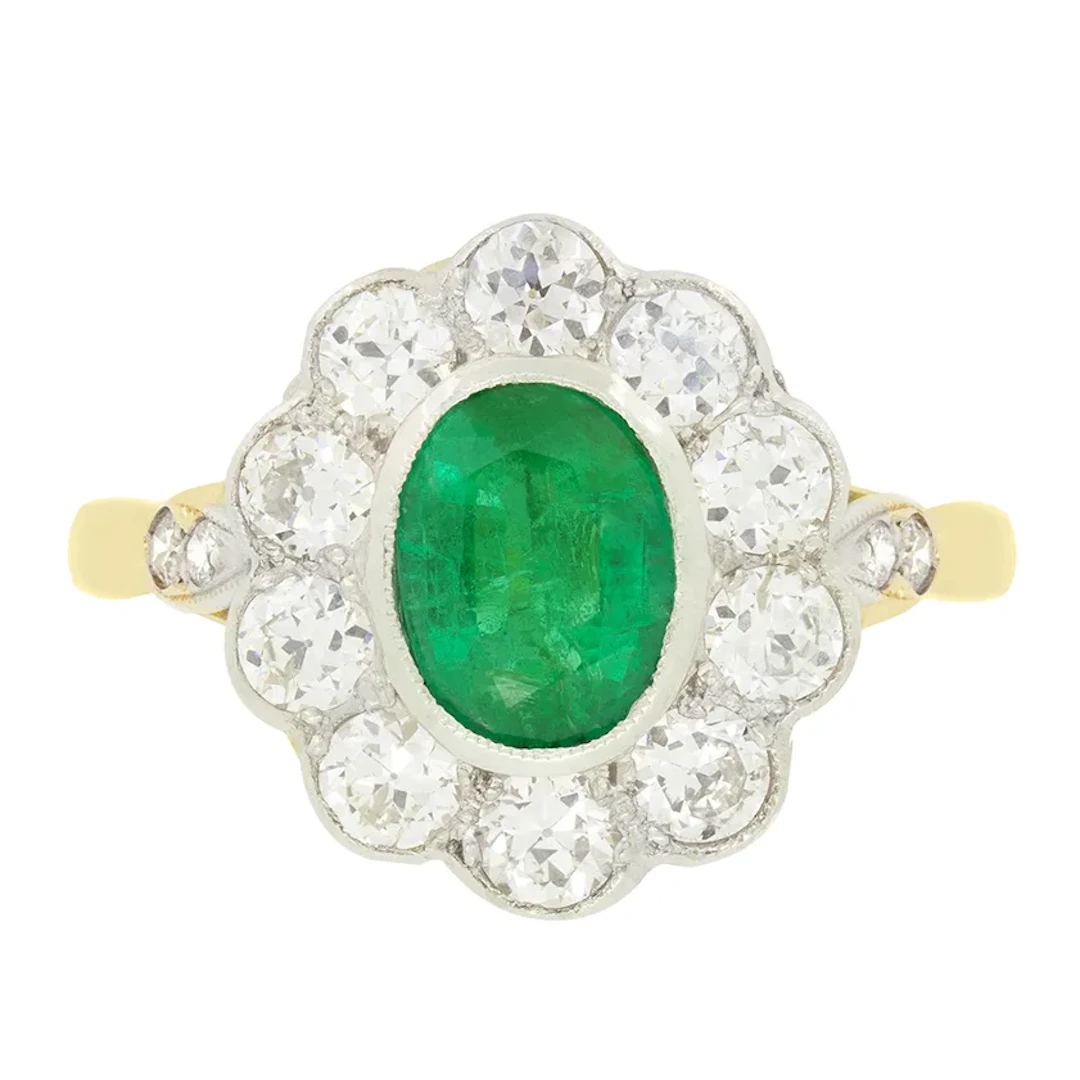 Vintage 1.00ct Emerald and Diamond Cluster Ring, c.1970s