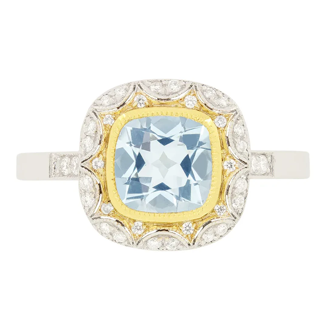 Vintage 1.00ct Aquamarine and Diamond Cluster Ring, c.1970s