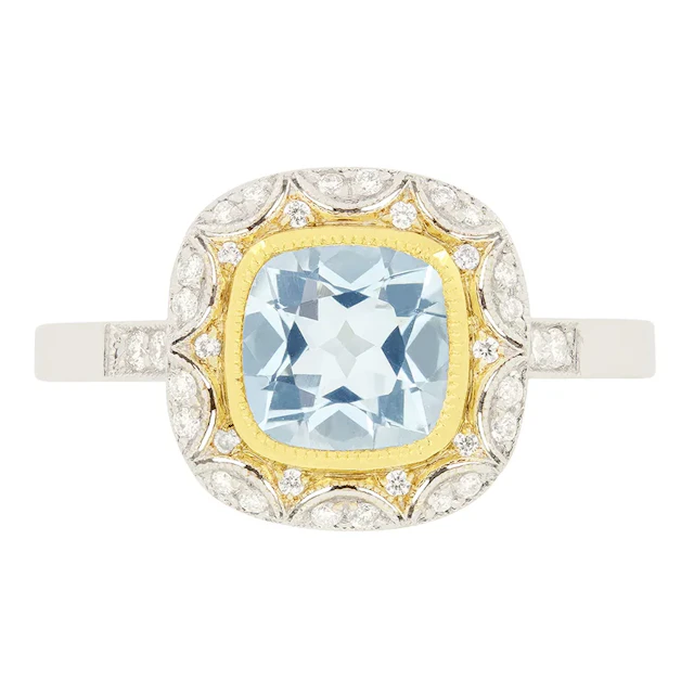 Vintage 1.00ct Aquamarine and Diamond Cluster Ring, c.1970s