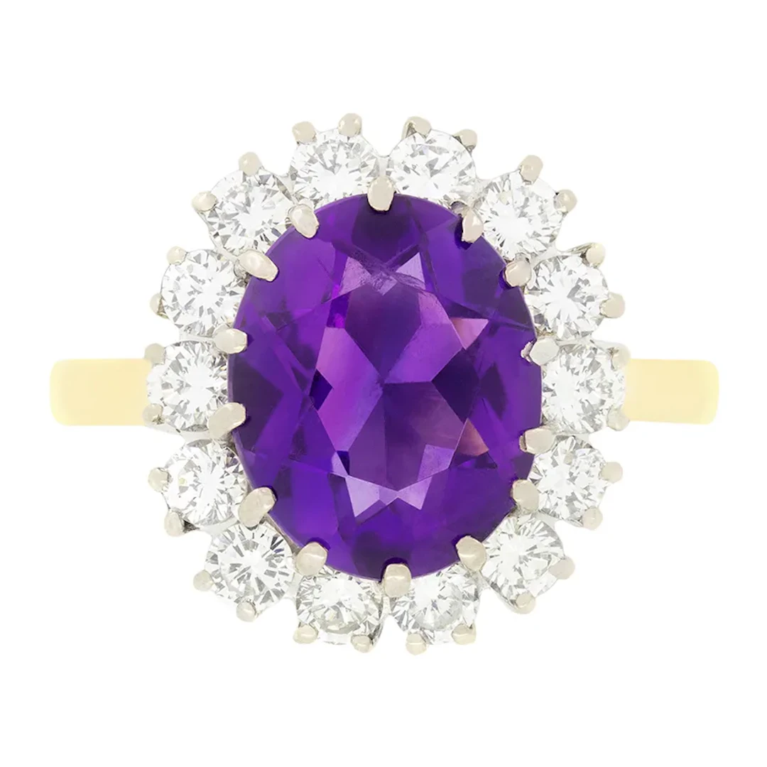 Vintage 2.85ct Amethyst and Diamond Cluster Ring, hallmarked, c.1985