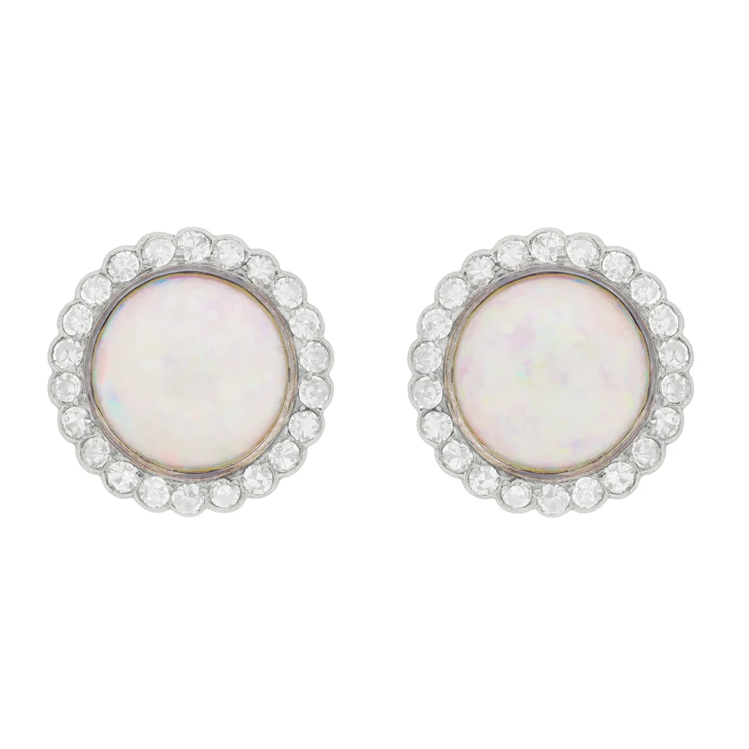 Vintage Opal and Diamond Cluster Earrings, c.1950s