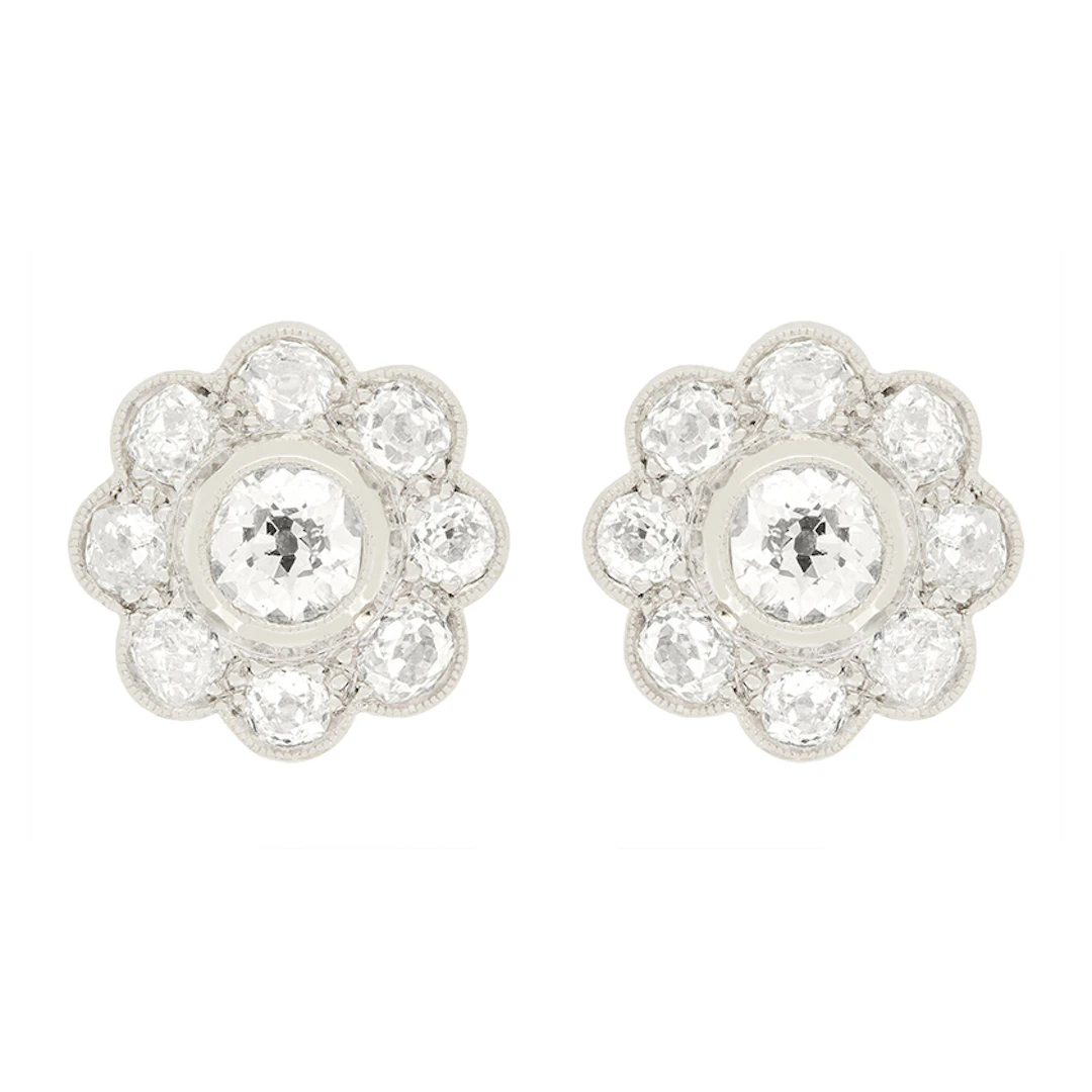 Art Deco 3.80ct Diamond Daisy Cluster Earrings, c.1920s