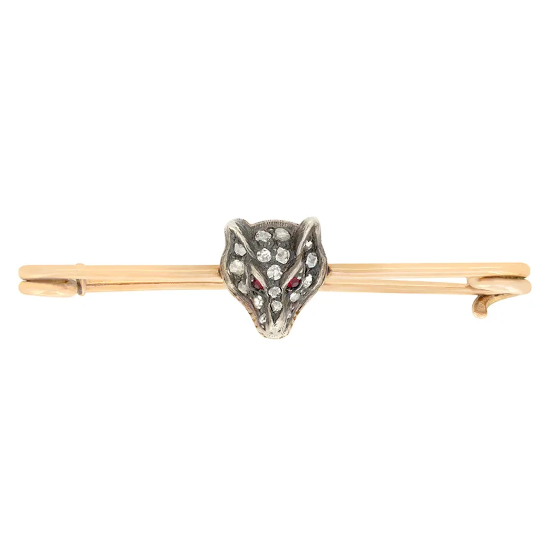 Victorian Diamond and Ruby Wolf Brooch, c.1880s
