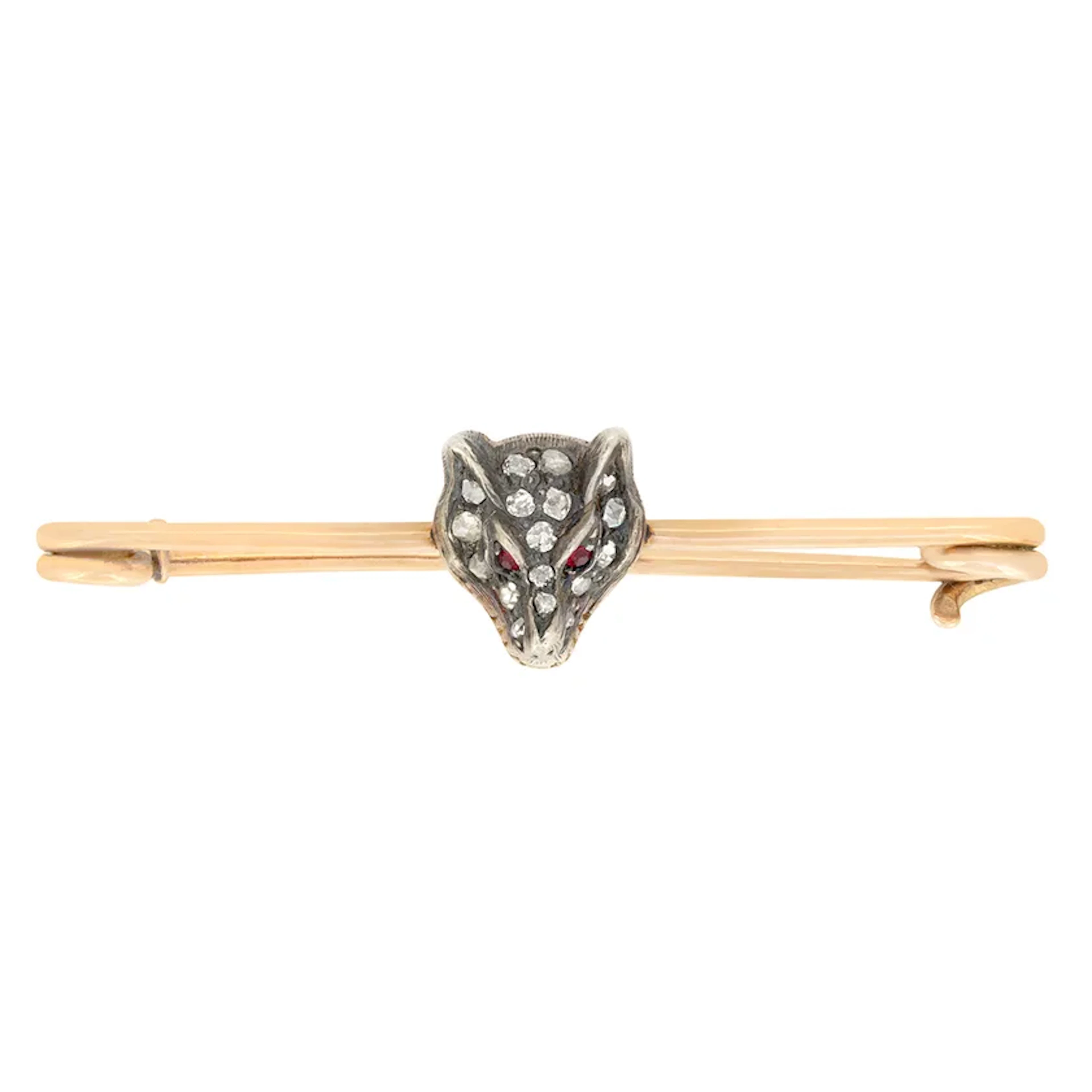 Victorian Diamond and Ruby Wolf Brooch, c.1880s