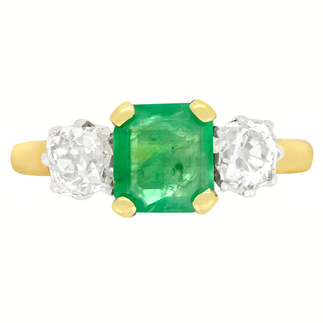 Art Deco 1.00ct Emerald and Diamond Trilogy Ring, c.1920s