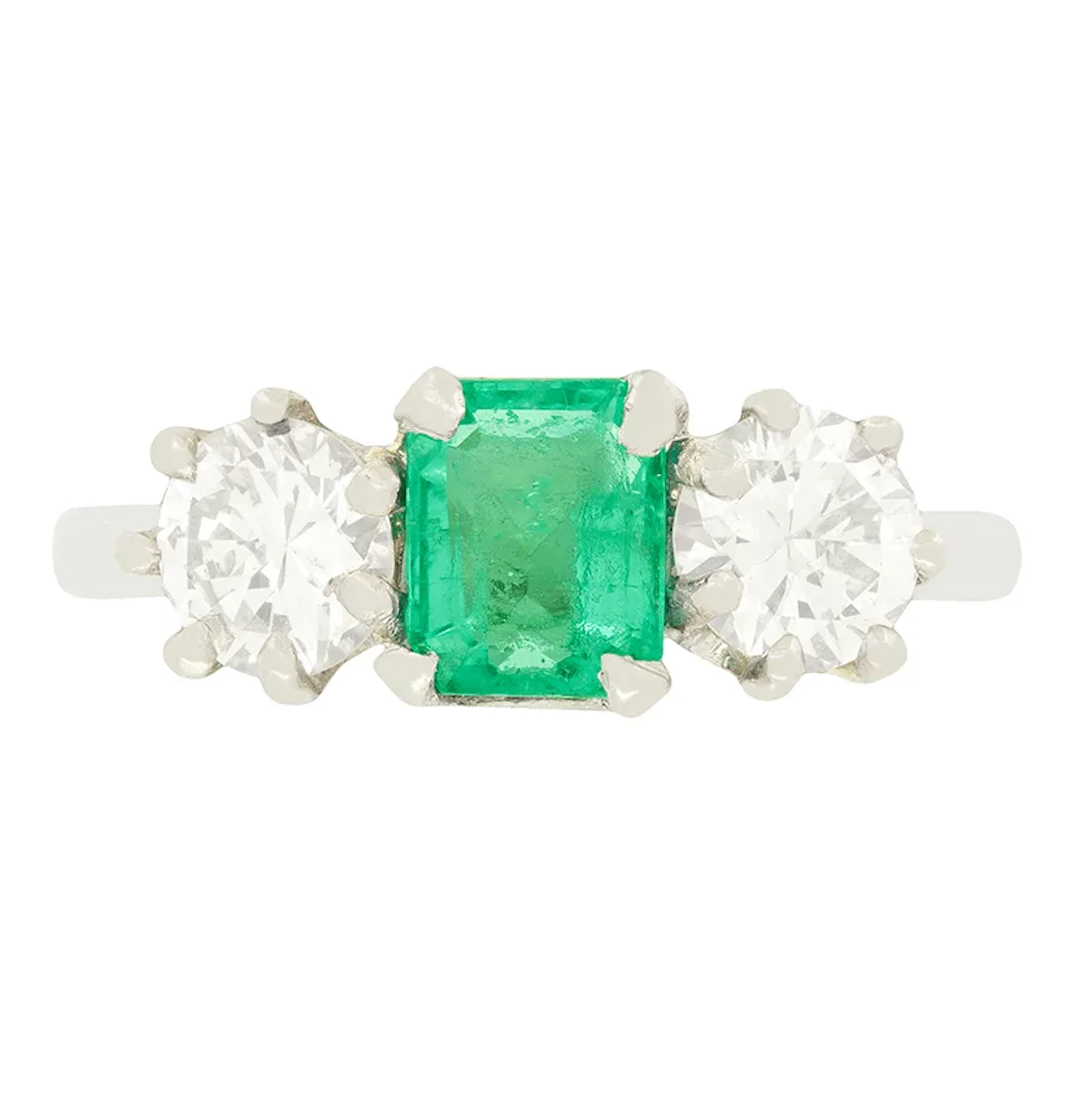 Art Deco 0.85ct Emerald and Diamond Three Stone Ring, c.1940s