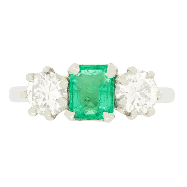 Art Deco 0.85ct Emerald and Diamond Three Stone Ring, c.1940s