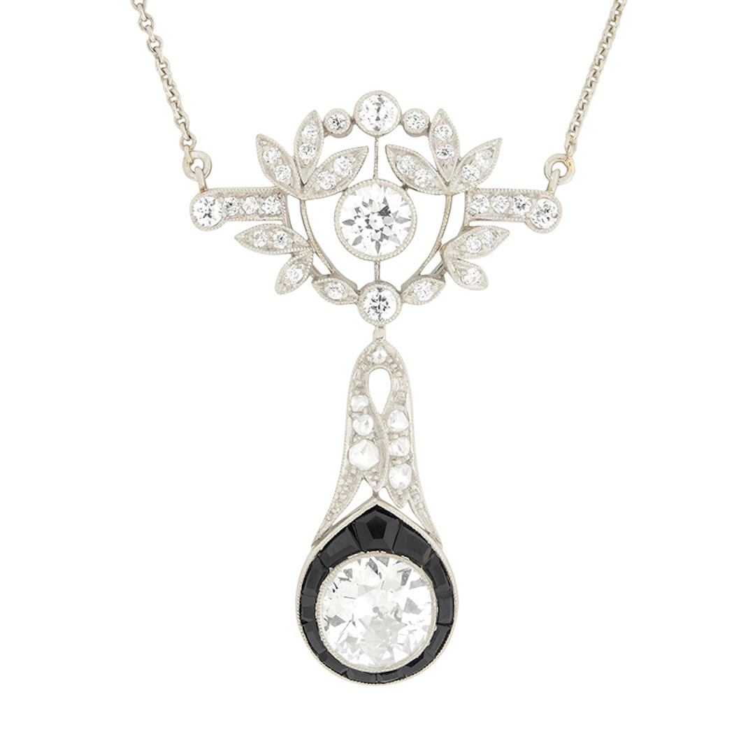 Art Deco 1.65ct Diamond and Onyx Drop Pendant Necklace, c.1920s
