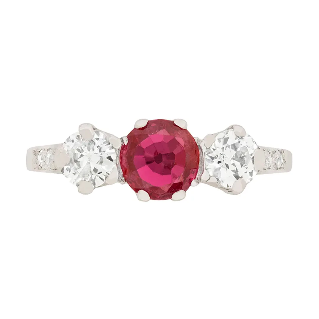 Art Deco 1.00ct Ruby and Diamond Three Stone Ring, c.1930s