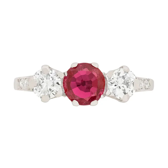 Art Deco 1.00ct Ruby and Diamond Three Stone Ring, c.1930s