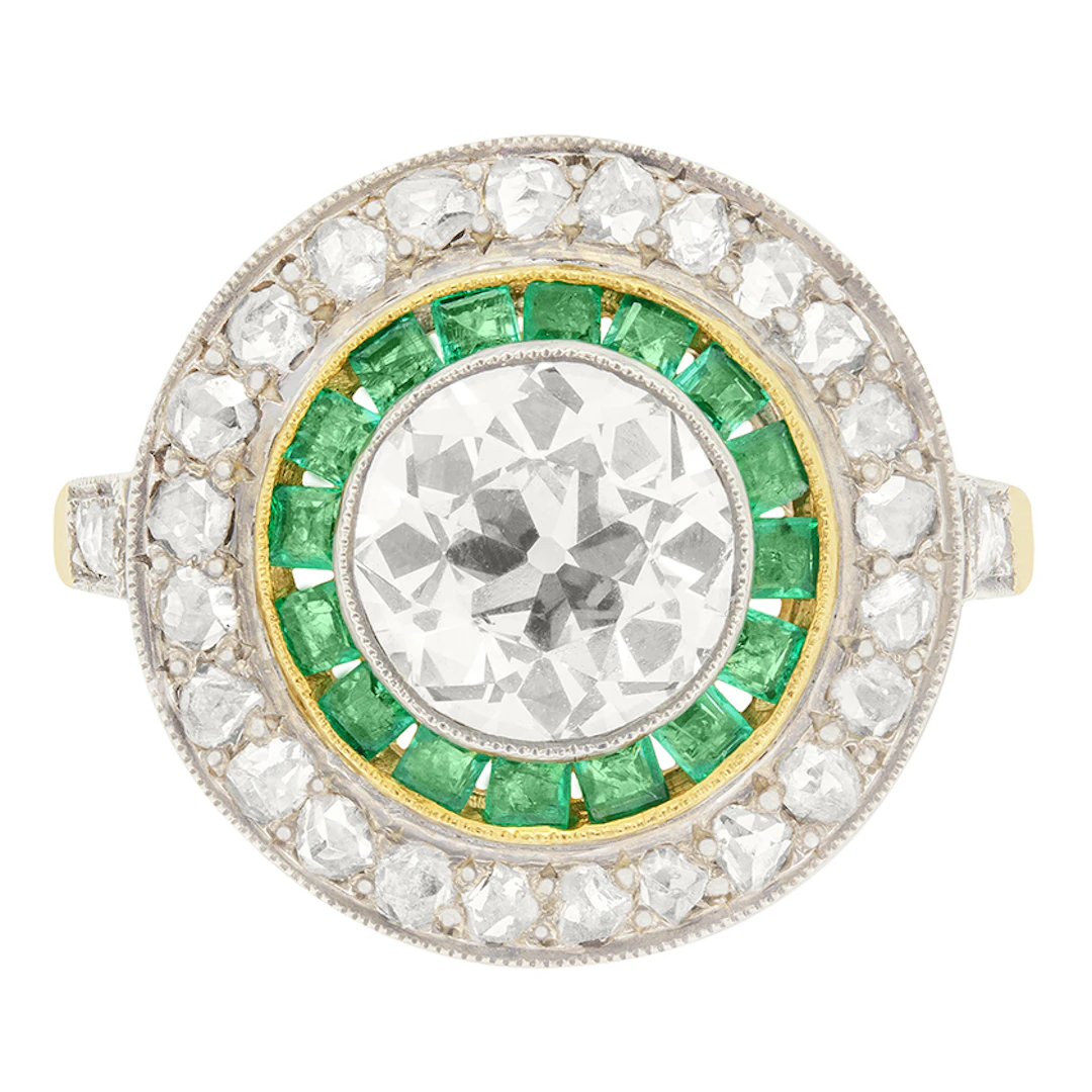 Vintage 1.70ct Diamond and Emerald Target Ring, c.1950s