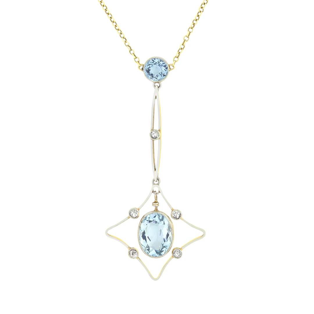 Edwardian 2.40ct Aquamarine and Diamond Drop Necklace, c.1910s
