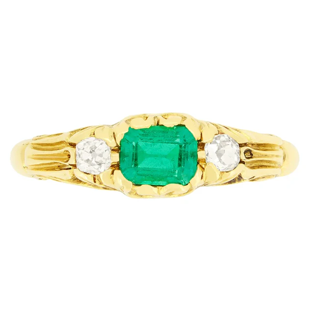 Victorian 0.40ct Emerald and Diamond Three Stone Ring, c.1880s