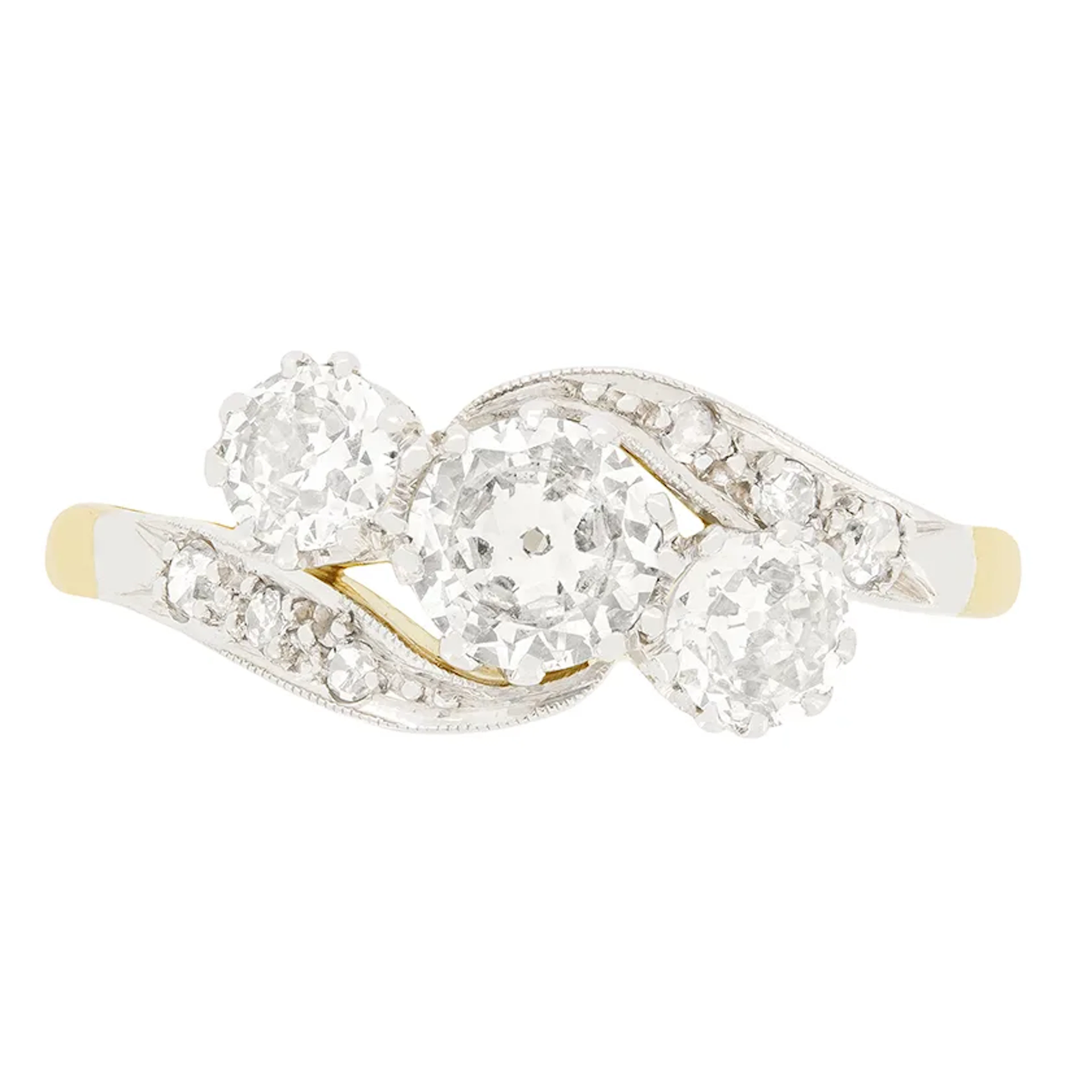 Art Deco 1.20ct Diamond Three Stone Twist Ring, c.1910s