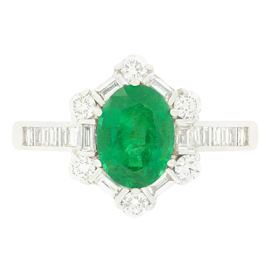 Contemporary 1.34ct Emerald and Diamond Cluster Ring