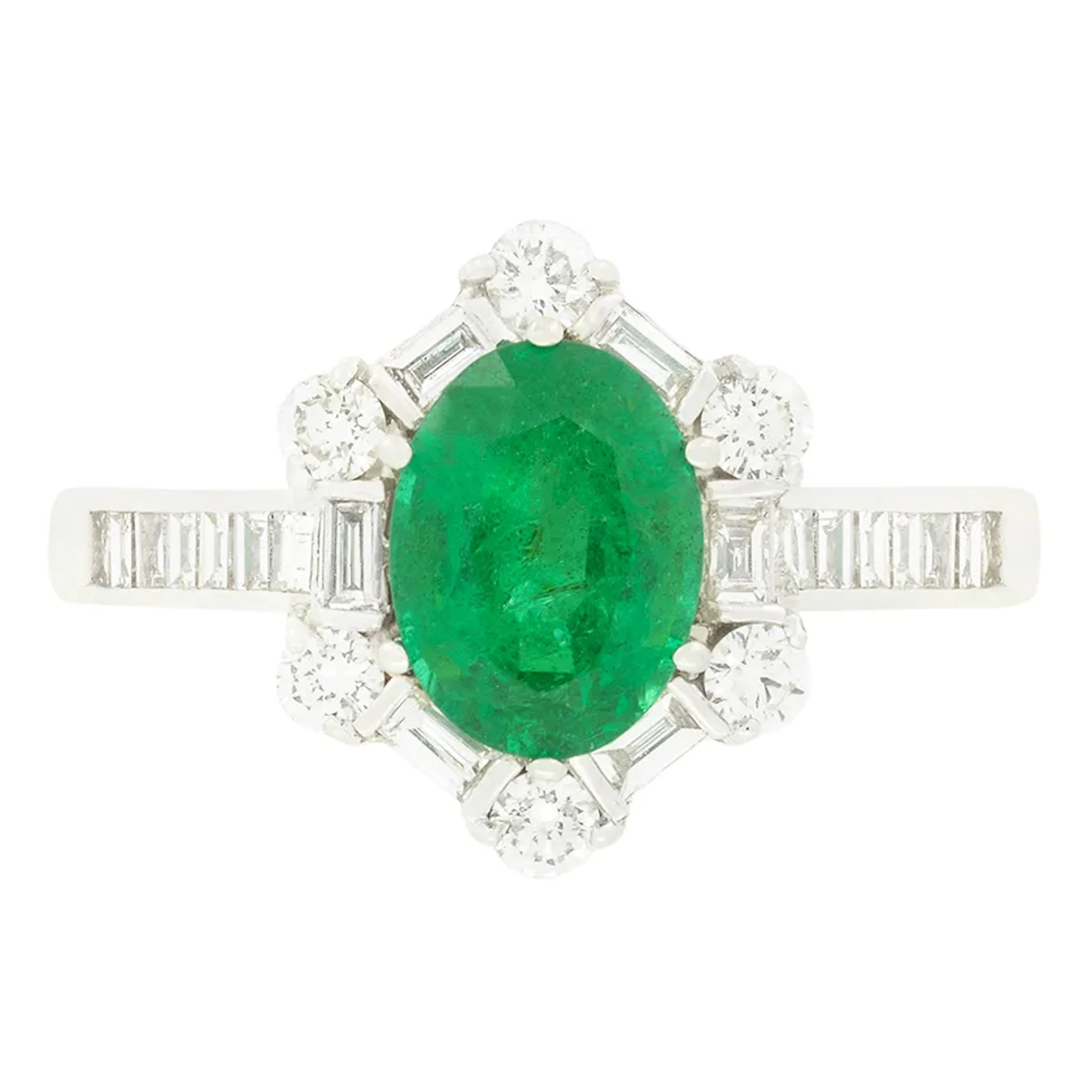 Contemporary 1.34ct Emerald and Diamond Cluster Ring