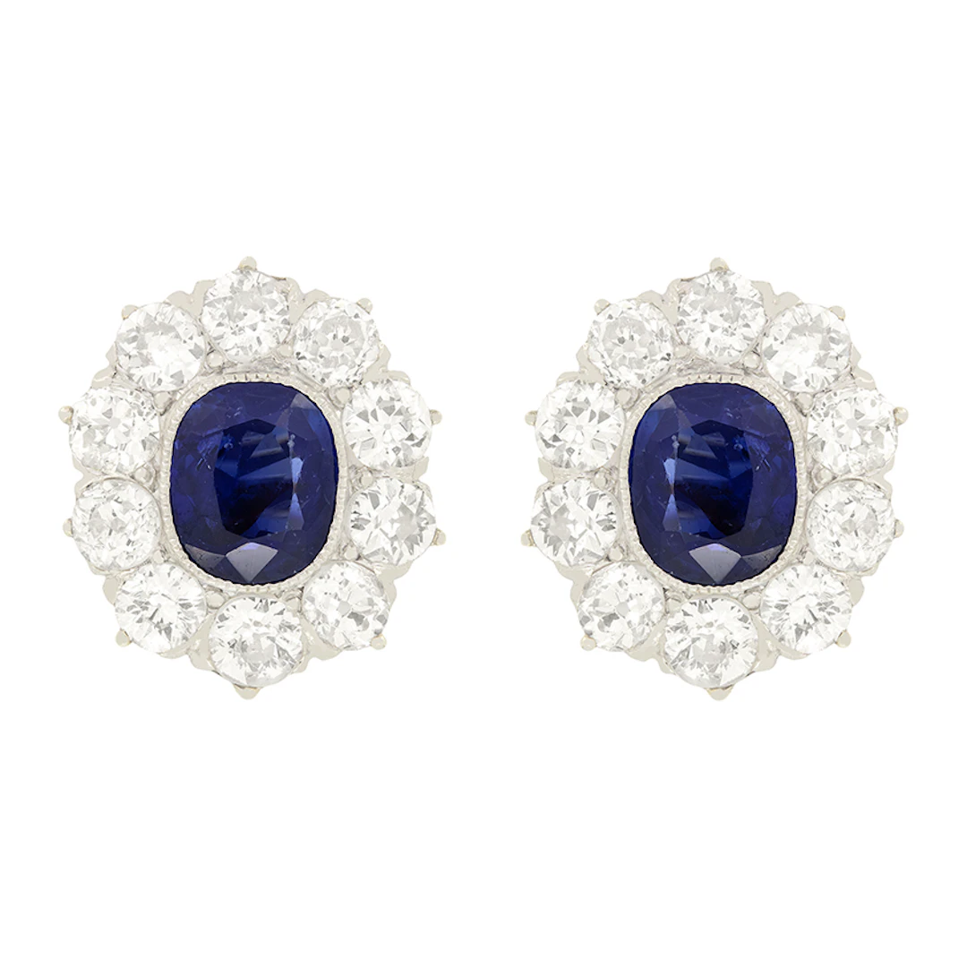 Edwardian 2.00ct Sapphire and Diamond Cluster Earrings, c.1910s