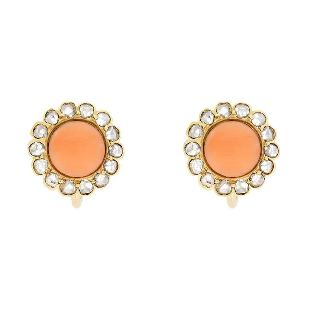Victorian 2.60ct Coral and Diamond Earrings, c.1880s