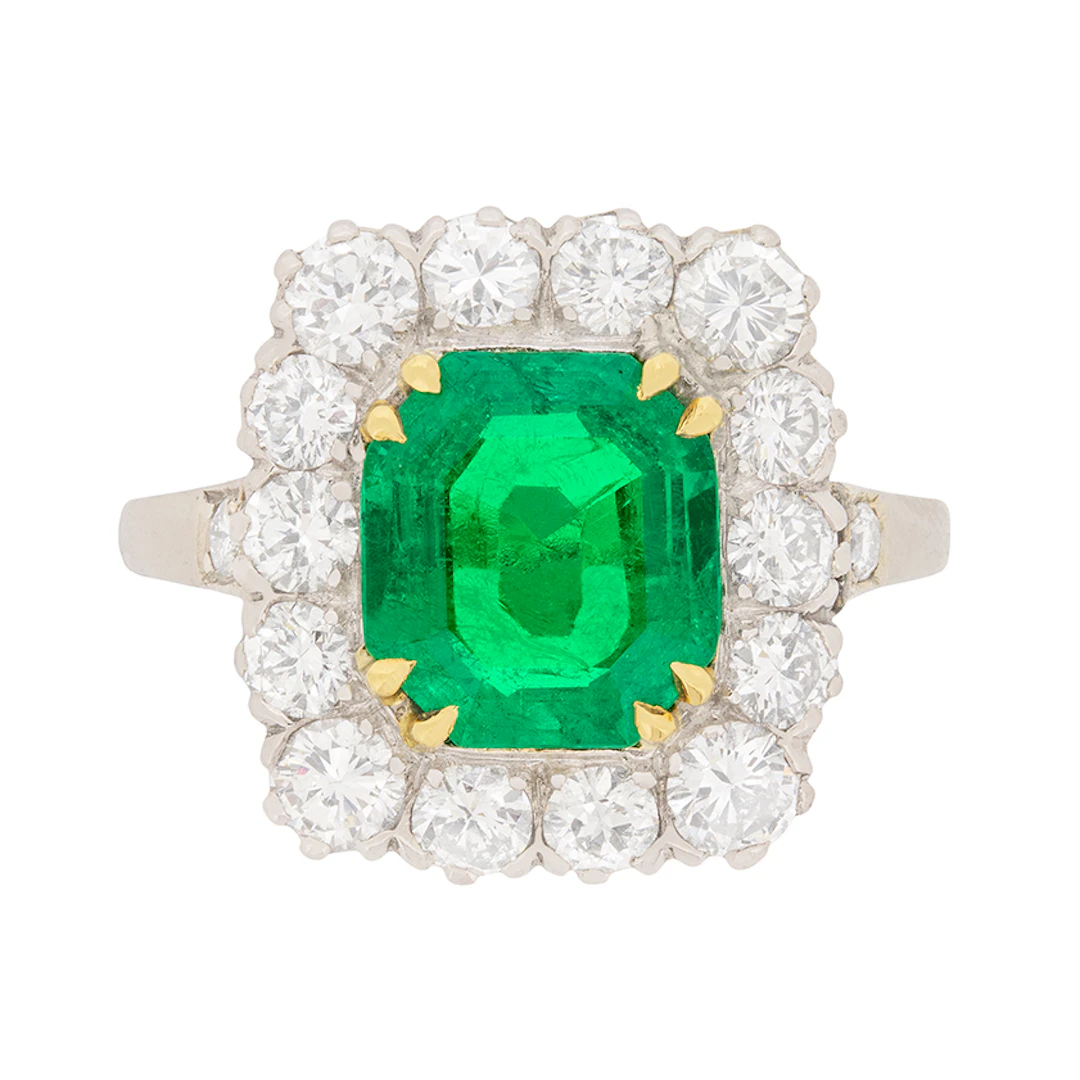 Late Art Deco 2.18ct Emerald and Diamond Cluster Ring, c.1930s