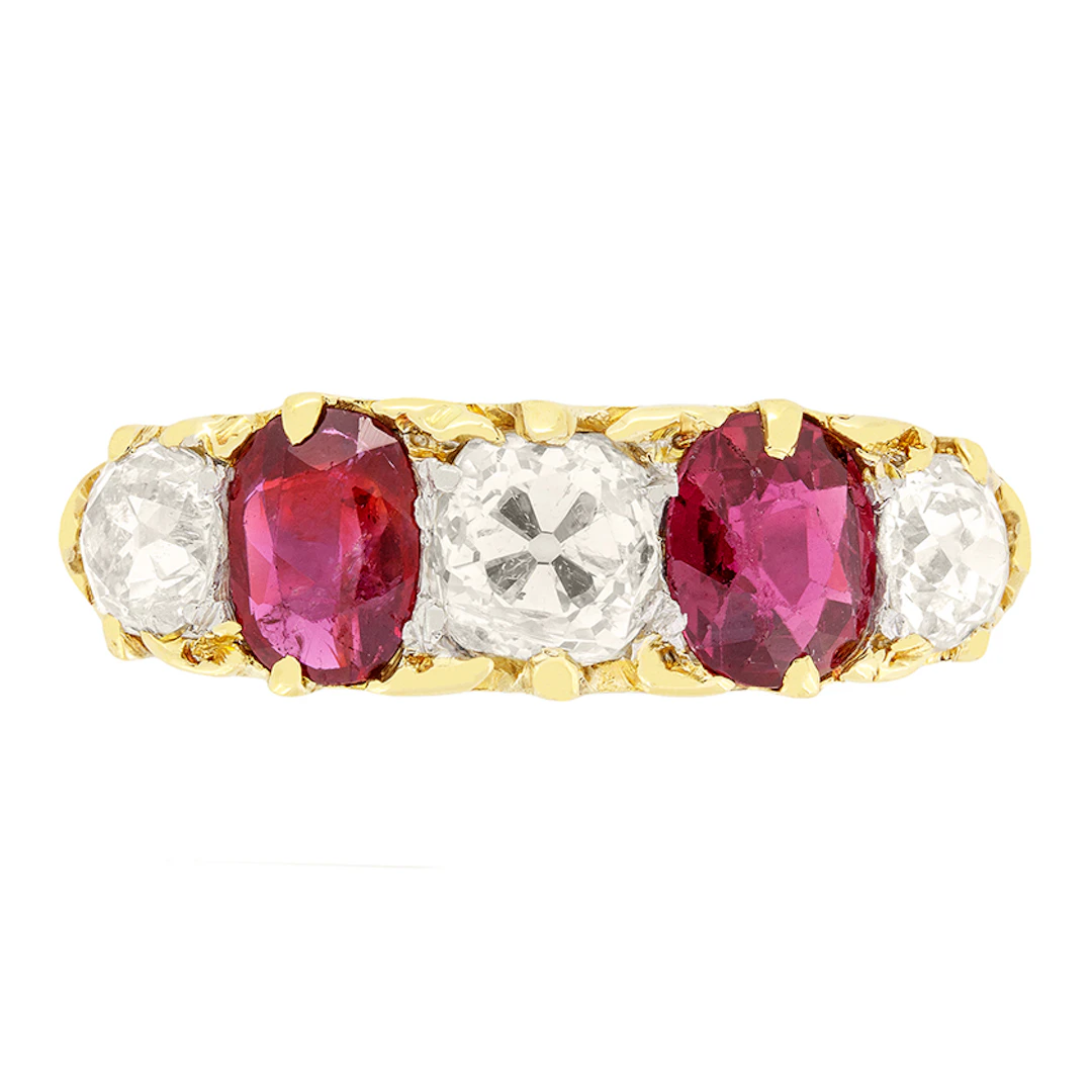 Victorian 1.40ct Diamond and Ruby Five Stone Ring, c.1880s