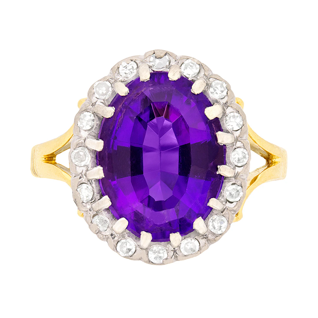 Art Deco Amethyst and Diamond Cluster Dress Ring, c.1930s
